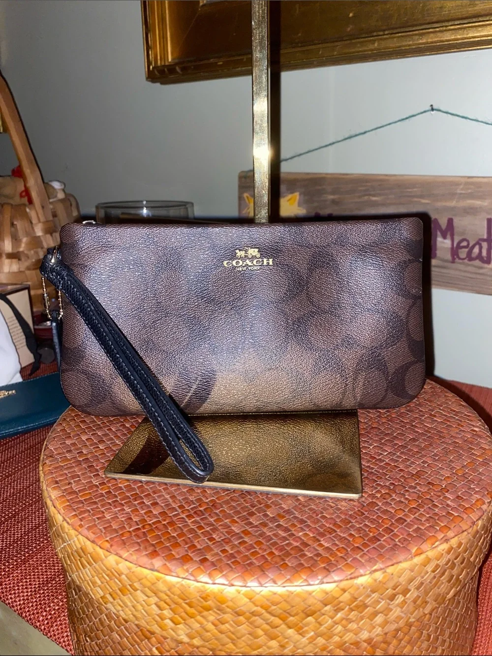 Coach Large Corner Zip Wristlet with signature brown canvas monogram